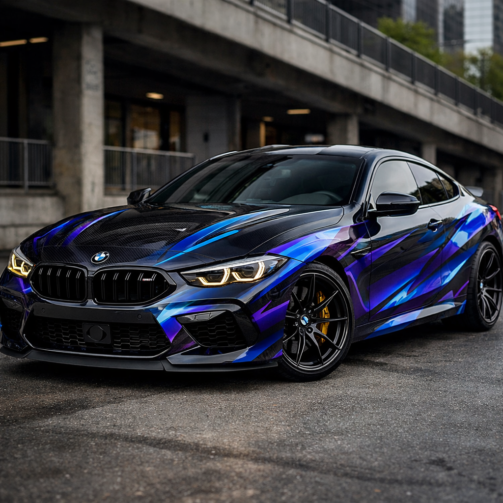 Technician applying vinyl wrap to a car