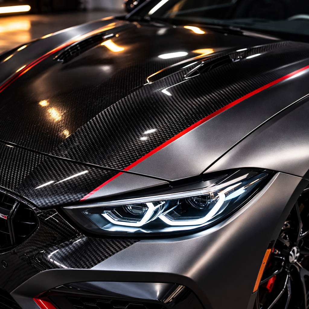 Close-up of luxury vehicle vinyl wrap finish showing premium texture and surface detail