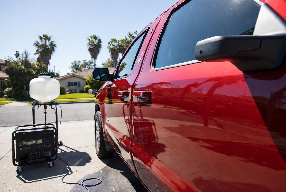 Mobile exterior detailing Pompano Beach by Motiv Auto - red pickup truck receiving professional exterior service outdoors