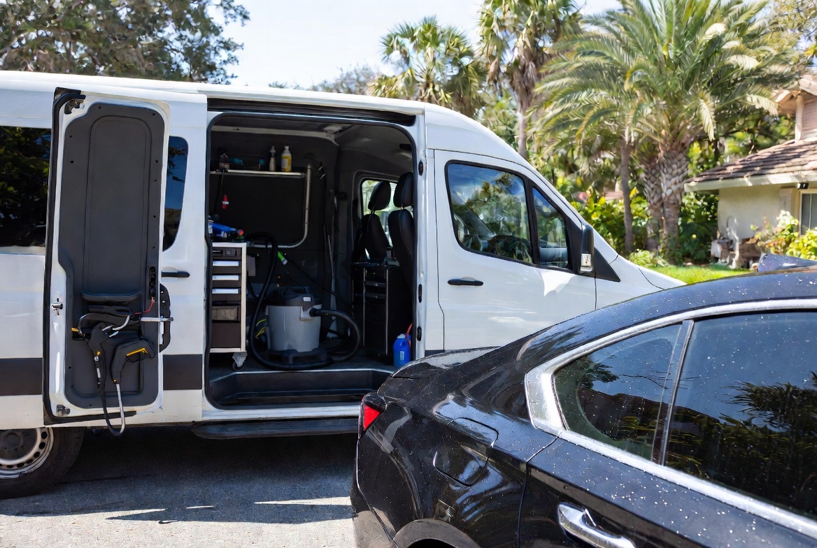 Professional mobile detailing Pompano Beach by Motiv Auto - mobile van setup with silver SUV ready for service