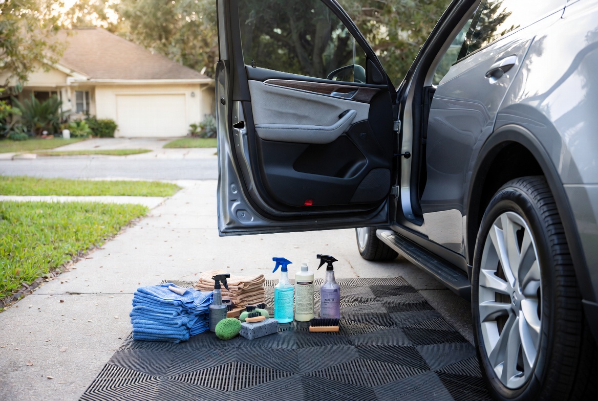 Mobile wash and wax Pompano Beach by Motiv Auto - detailing supplies next to silver SUV ready for wash and wax service